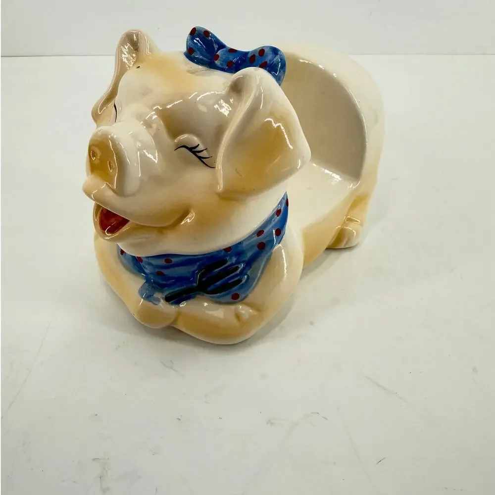 Whimsical Pig Napkin Holder Ceramic Chef Piggy Vintage Kitsch Farmhouse Kitchen